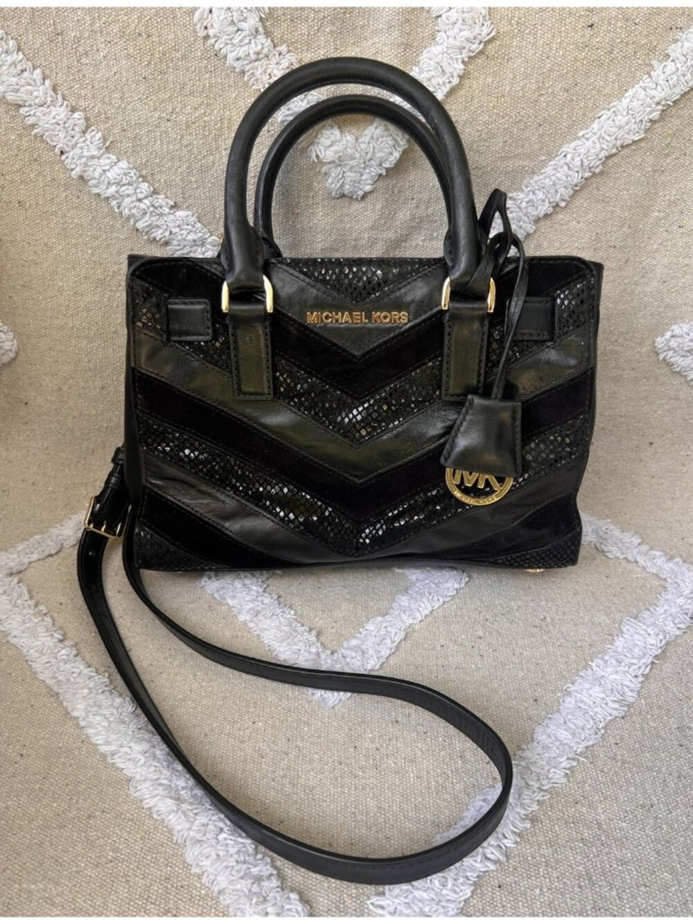 Michael Kors Black Leather and Sequin Stripe Small Satchel